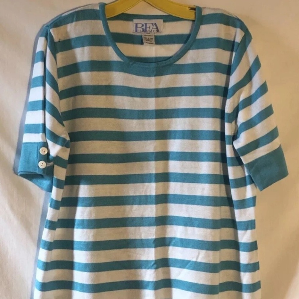 Vtg BFA Classics Womens Sz Lg Blue White Striped Knit Short Sleeve Top Buttons